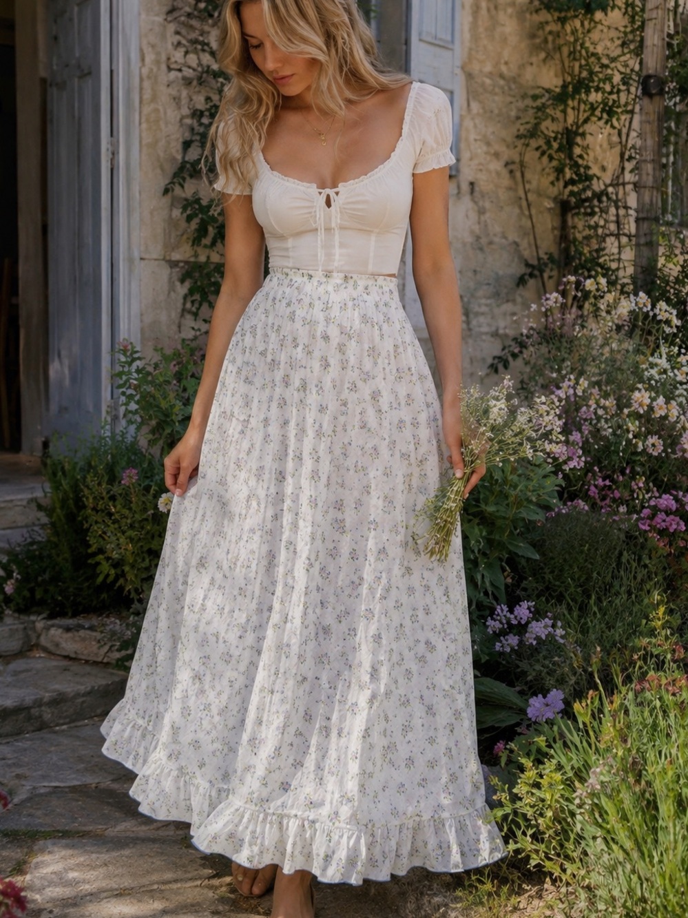 Vintage White Floral Maxi Skirt with Ruffle Hem